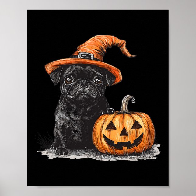 Schwarzer Mops mit Hexenhut und KürbisHalloween-Mo Poster (Vorne)