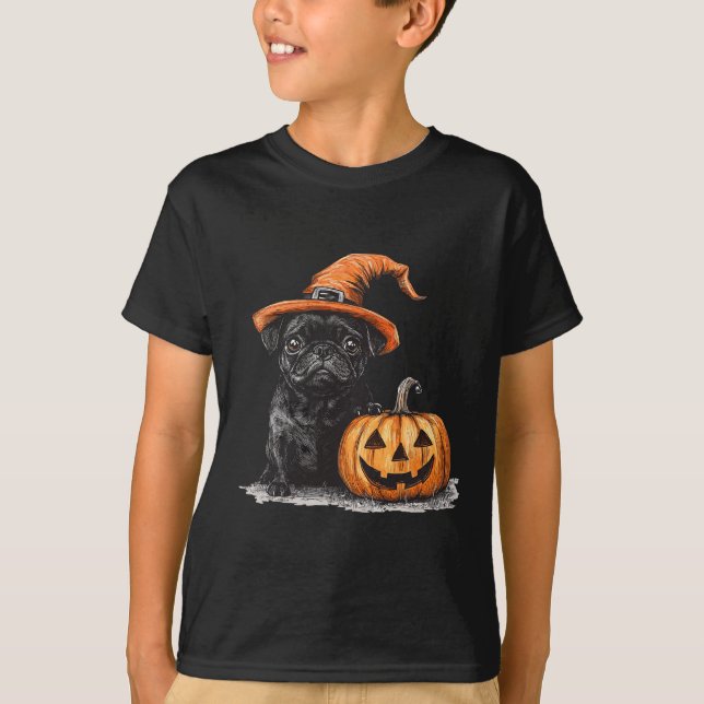 Schwarzer Mops mit Hexenhut und KürbisHalloween-Mo T-Shirt (Vorderseite)