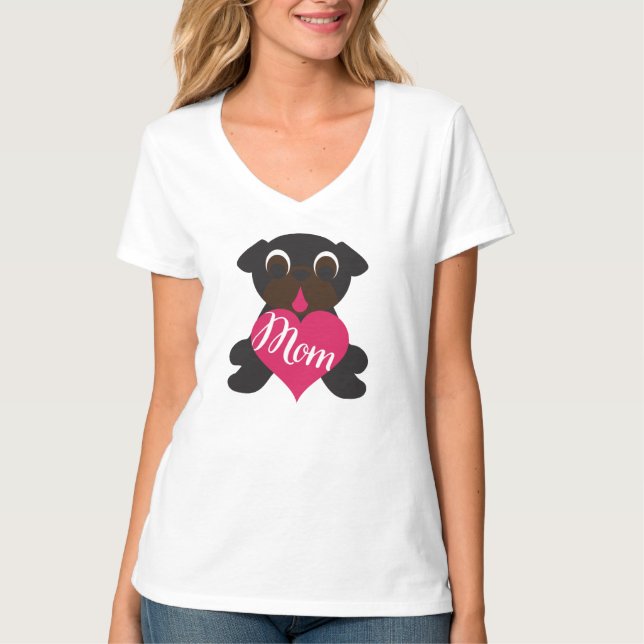 Schwarzer Mops mit Mama im Herz-T - Shirt (Vorderseite)