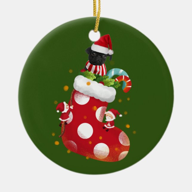 Schwarzer Mops mit Socken Keramik Ornament (Vorne)