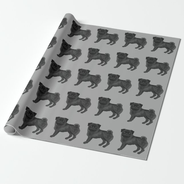 Schwarzer Mops Niedlich Cartoon Dog Design Muster  Geschenkpapier (Ungerollt)