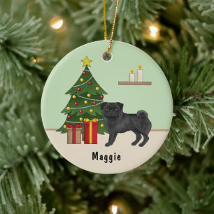 Schwarzer Mops süßer Cartoon-Hund mit einem Weihna Keramik Ornament