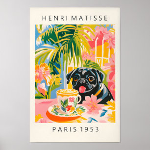 Schwarzer Mops trinkt Kaffee, Lustiger Hundeaufdru Poster