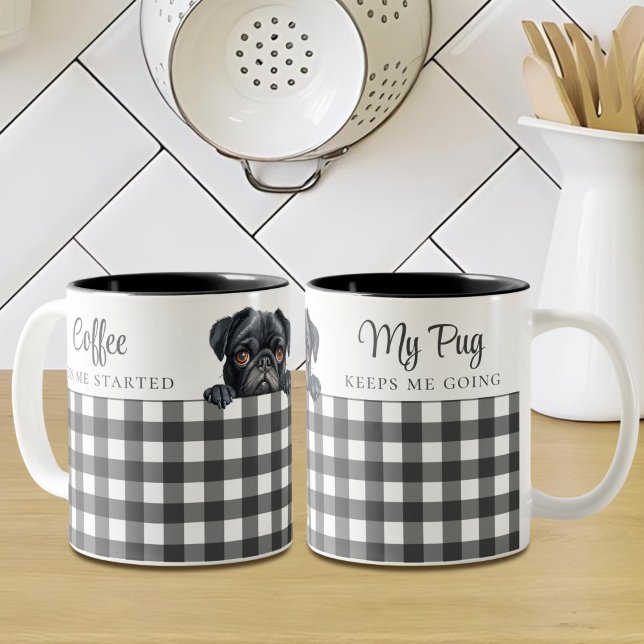 Schwarzer Mops Wasserfarbe Kariert Weißer Hund Zweifarbige Tasse (Von Creator hochgeladen)