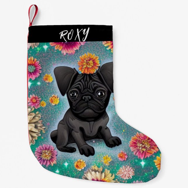 Schwarzer Mops Weihnachts-Strumpf mit Namen. Kleiner Weihnachtsstrumpf (Vorderseite)
