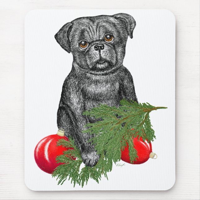 Schwarzer Mops Welpe Adventure Weihnachten Kunst Mousepad (Vorne)