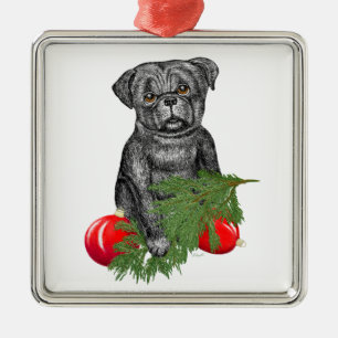 Schwarzer Mops Welpe Adventure Weihnachten Kunst Silbernes Ornament