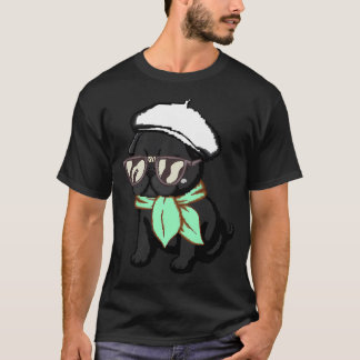 Schwarzer Mops-Welpe mit grünem Schal Pixel Art T-Shirt