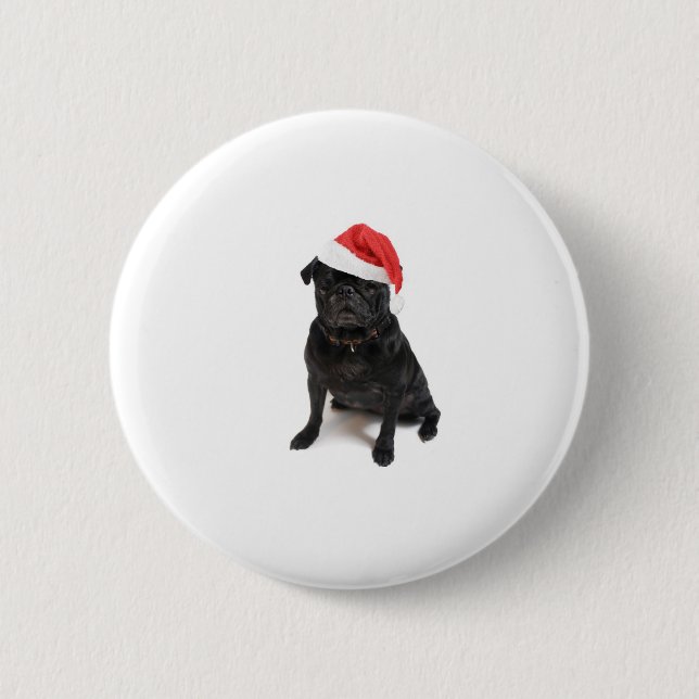 Schwarzer Mopshund mit roter Weihnachtsmannmütze Button (Vorderseite)