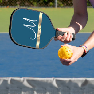Schwarzer Name auf Gold Band und weißes Monogramm Pickleball Schläger