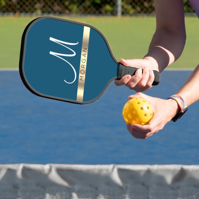 Schwarzer Name auf Gold Band und weißes Monogramm  Pickleball Schläger (InSitu)