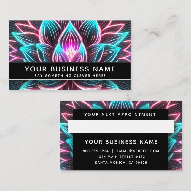 Schwarzer Neon Rosa und Blue Lotus Blume Beruflich Terminkarte (Vorne/Hinten)
