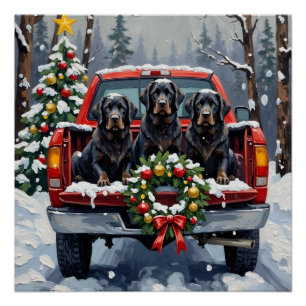 Schwarzer Neufundländer Weihnachten Rotes Lastwage Poster