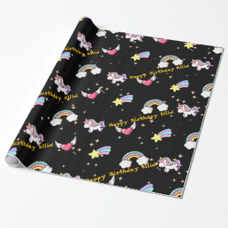 Schwarzer Niedlicher Regenbogen Einhorn Star Magic Geschenkpapier