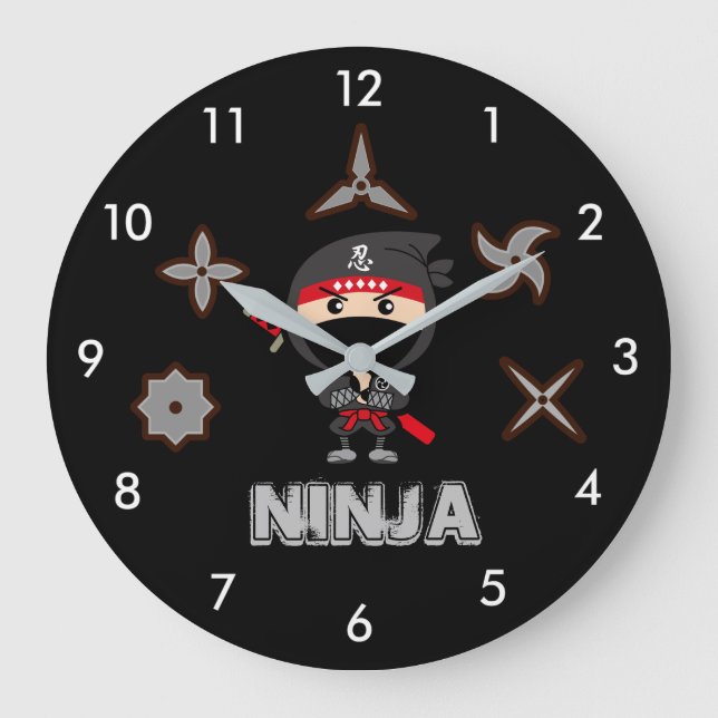 Schwarzer Ninja Junge Große Wanduhr (Vorderseite)