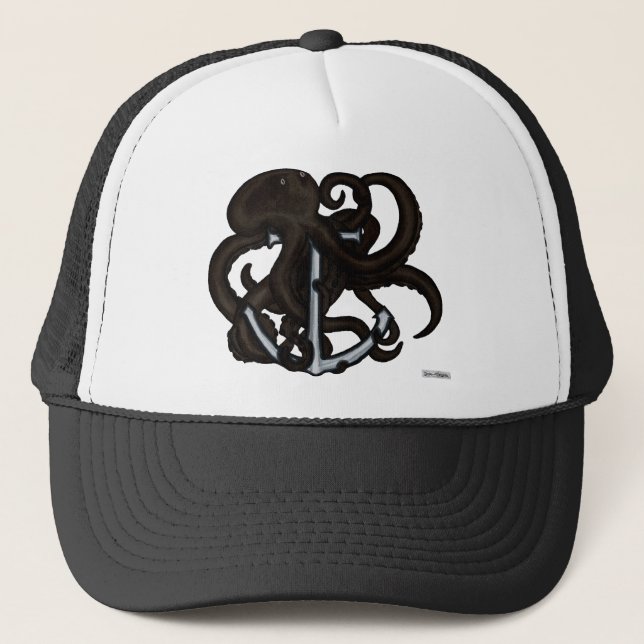 Schwarzer Oktopus über Anker Truckerkappe (Vorderseite)