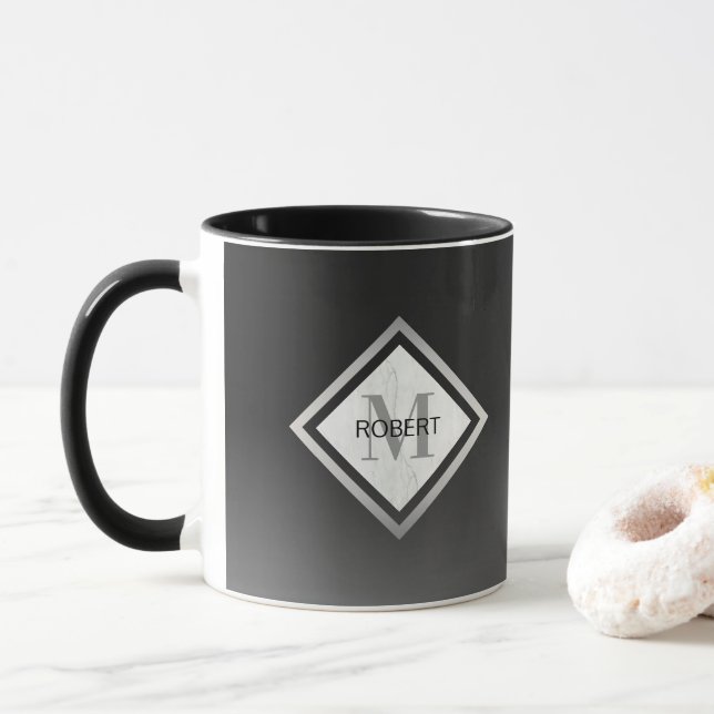 Schwarzer Ombre Silver Marble Mit Monogramm Tasse (Mit Donut)