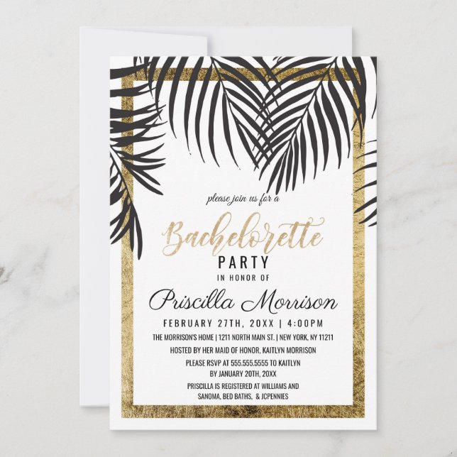 Schwarzer Palm Tree Fronds Gold Bachelorette Einladung (Vorderseite)