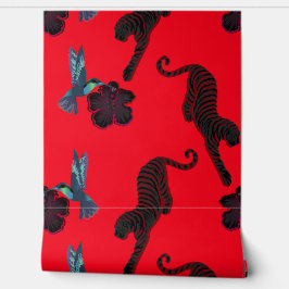 Schwarzer Panther Blumen Vögel Maximalistischer Wa Tapete