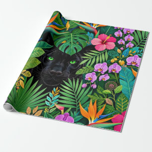 Schwarzer Panther Dschungelblumen und tropisches B Geschenkpapier