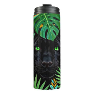 Schwarzer Panther Dschungelblumen und tropisches B Thermosbecher