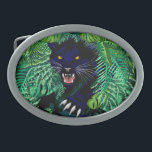 Schwarzer Panther Geist des Dschungels Ovale Gürtelschnalle<br><div class="desc">Roaring schöner Schwarzer Panther aus der dichten Vegetation eines Regenwaldes,  mit seinen Klauen raus,  wie ein Dschungeldunkel Geist. Vector Illustration Copyright BluedarkArt.</div>