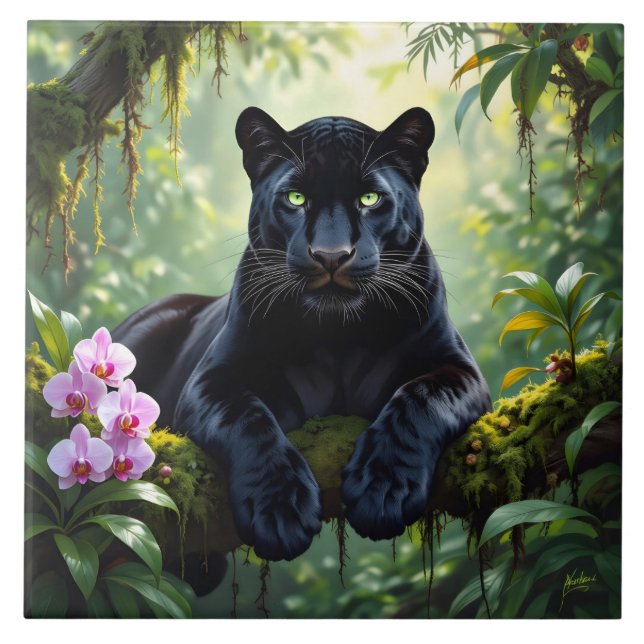 Schwarzer Panther im Dschungel Fliese (Vorderseite)