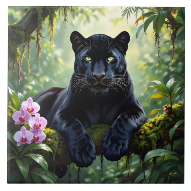 Schwarzer Panther im Dschungel Fliese (Vorderseite)