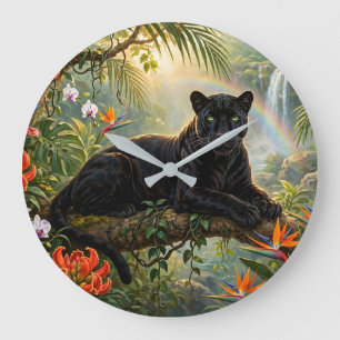 Schwarzer Panther Kenia Dschungel Blumen Wasserfal Große Wanduhr