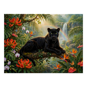 Schwarzer Panther Kenia Dschungel Blumen Wasserfal Poster