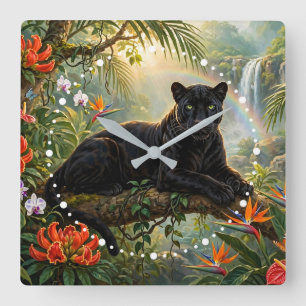 Schwarzer Panther Kenia Dschungel Blumen Wasserfal Quadratische Wanduhr