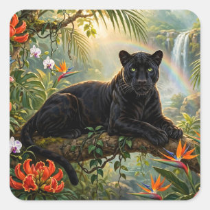 Schwarzer Panther Kenia Dschungel Blumen Wasserfal Quadratischer Aufkleber