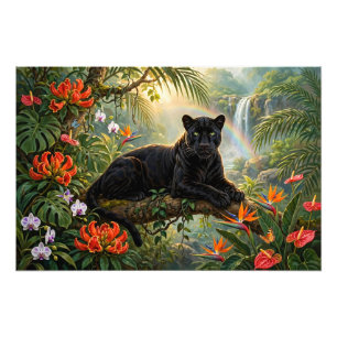 Schwarzer Panther Kenia Dschungelblumen Wasserfall Fotodruck