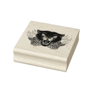 Schwarzer Panther mit Rose und Flammen Gummistempel