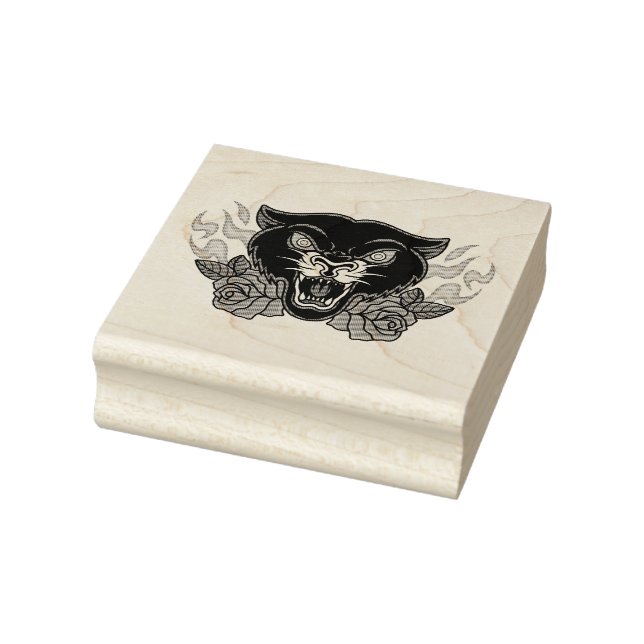 Schwarzer Panther mit Rose und Flammen Gummistempel (Stempel)