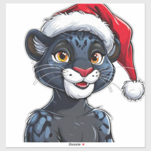 Schwarzer Panther mit Weihnachtsmütze Aufkleber