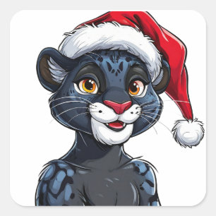 Schwarzer Panther mit Weihnachtsmütze Quadratischer Aufkleber