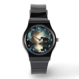 Schwarzer Panther spiegelt sich im Wasserbecken im Armbanduhr