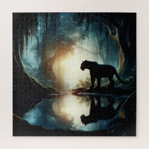Schwarzer Panther spiegelt sich im Wasserbecken im Puzzle