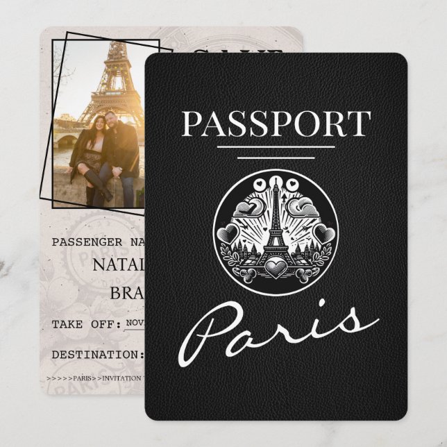 Schwarzer Paris Reisepass Save The Date (Vorne/Hinten)