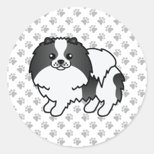 Schwarzer Parti-Color-Spitz-Cartoon Hund & Paws Runder Aufkleber