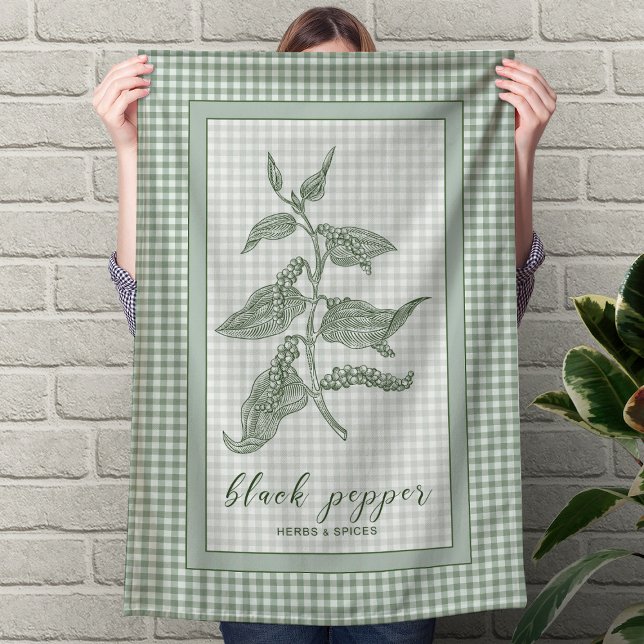 Schwarzer Pfeffer Kraut - grüne Gingham-Rahmen Geschirrtuch (Black Pepper Herb - Green Gingham Border Kitchen Towel)