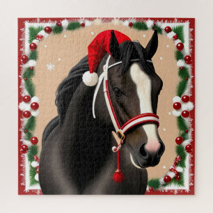 Schwarzer Pferd Santa Hut Weihnachtsszene für die  Puzzle