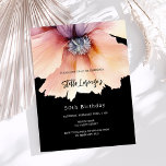 Schwarzer Pfirsich Aquarell Blumenhaushalt Geburts<br><div class="desc">Eine moderne,  stilvolle und glamouröse Einladung für eine 50. Geburtstagsfeier (oder jedes Alter). Schwarzer Hintergrund,  mit einem großen Pfirsich und lila,  wasserfarbener Blume dekoriert. Der Name wird mit einem handgeschriebenen Stil-Skript geschrieben. Personalisieren Sie Ihre Party-Daten und fügen Sie sie hinzu. 1 Blatt = 1 Einladung mit Druckkante bis Kante.</div>