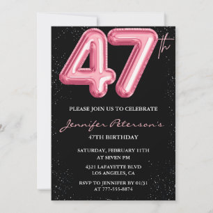 Schwarzer Pinker Ballon Glam Glitter 47. Geburtsta Einladung