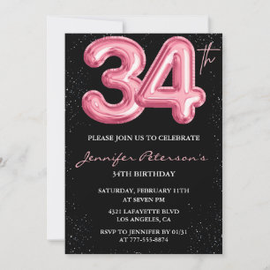 Schwarzer Pinker Luftballon Glam Glitter 34. Gebur Einladung