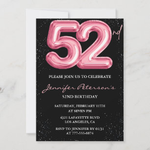 Schwarzer Pinker Luftballon Glam Glitter 52. Gebur Einladung