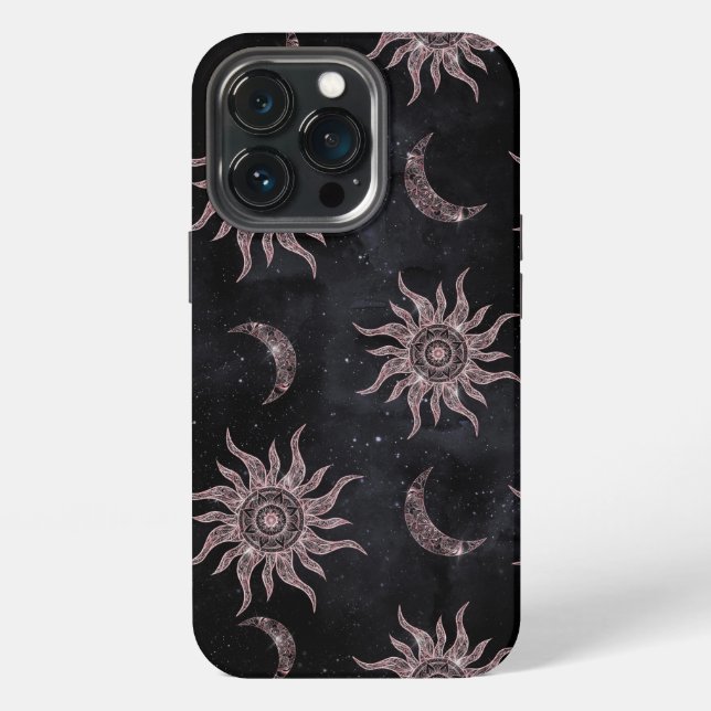 Schwarzer Pinker Mond Sonne Mandala iPhone Hülle (Hinten)