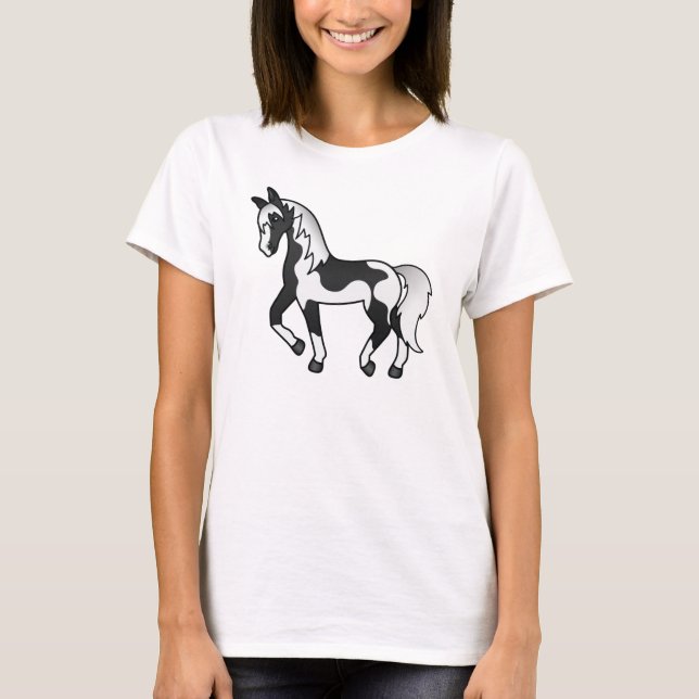 Schwarzer Pinto Trotting Horse Cartoon Illustratio T-Shirt (Vorderseite)