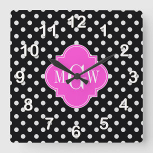 Schwarzer Polka Dot Hot Pink Quatrefolie 3 Monogra Quadratische Wanduhr